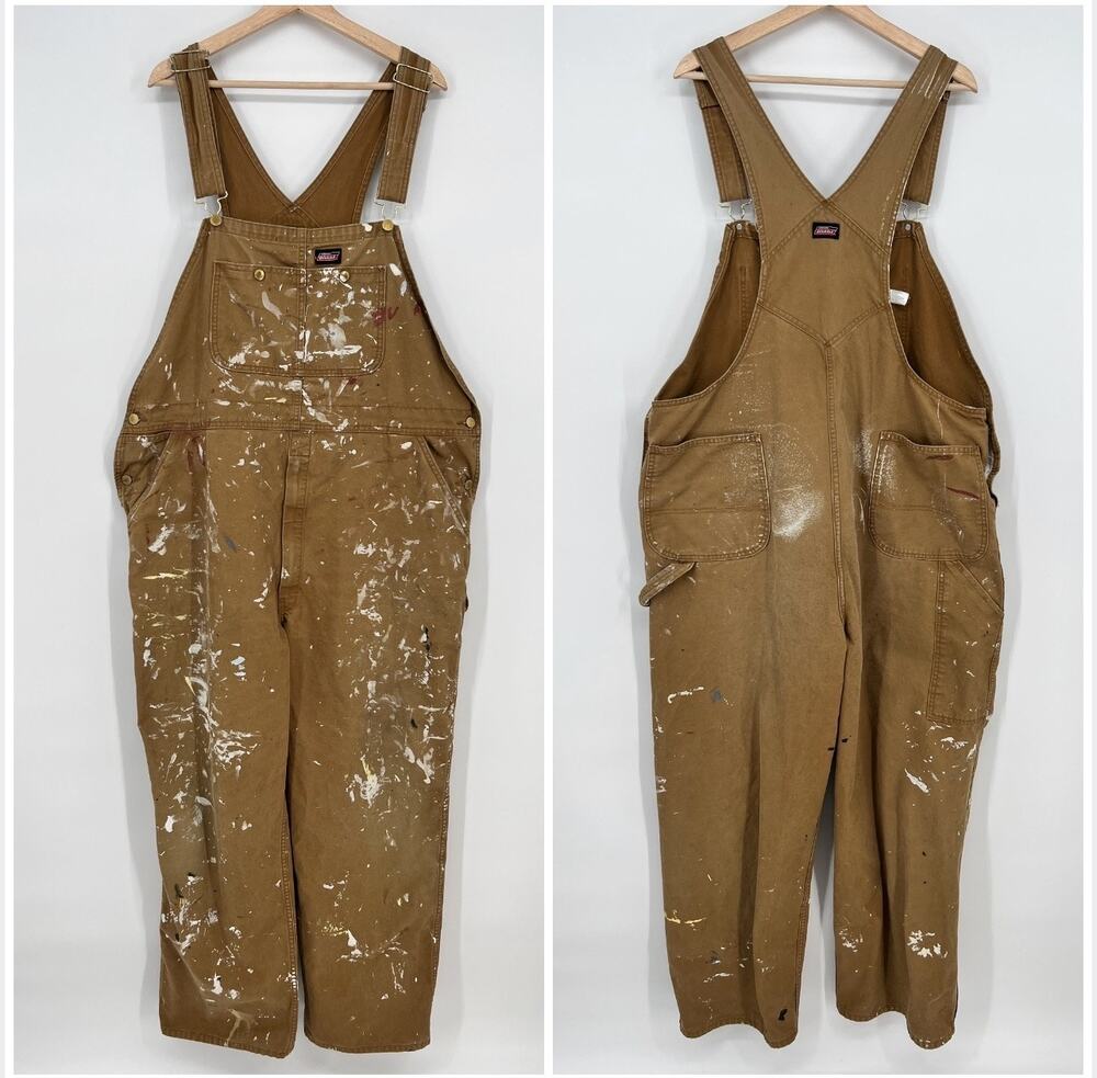 Dickies Men’s Overalls Paint Splatter 42x32 Brown Cotton Carpenter Thrashed Bibs